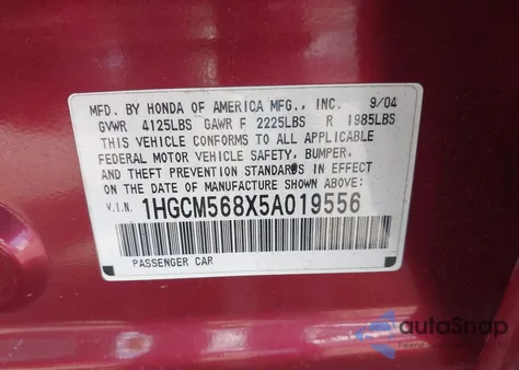 2005 Honda Accord 2.4 Ex from USA, damaged, VIN 1HGCM568X5A019556